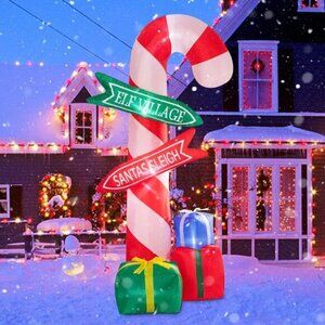 ⚡9 Ft Christmas Inflatables Candy Cane with Road Sign Outdoor Decorations